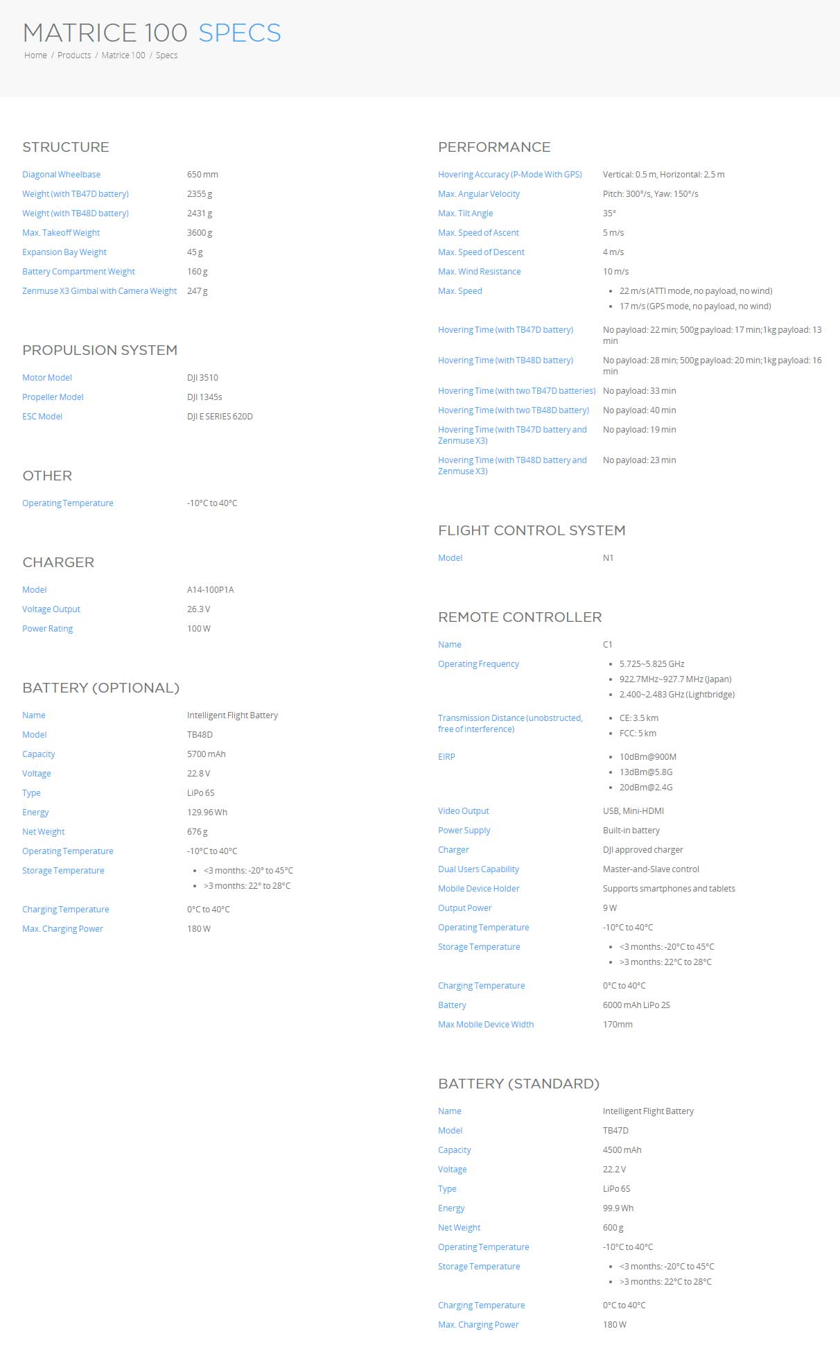 DJI MATRICE 100 Spec