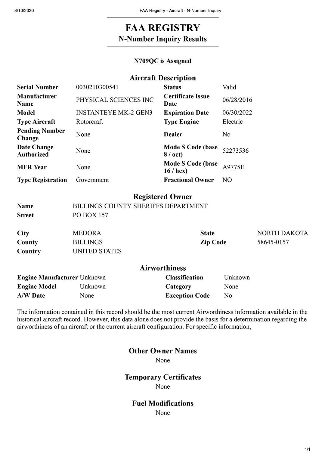 نمونه مجوز ثبت شده هواپیمای بدون سرنشین نیروهای پلیس و امنیتی ایالات متحده آمریکا در FAA