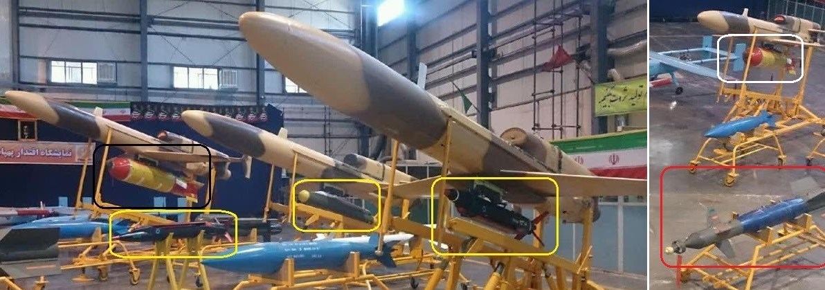 تسلیحات مختلف پهپاد کرار؛ بمب سیمرغ (کادر مشکی و سفید)، انواع قدیم و جدید بمب بالابان (کادر زرد)، بمب هدایت لیزری 500 پوندی (کادر قرمز)