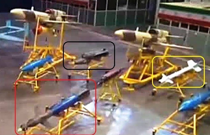 بمب یاسین (کادر مشکی)، موشک آذرخش (کادر زرد) و بمب هدایت لیزری (کادر قرمز)