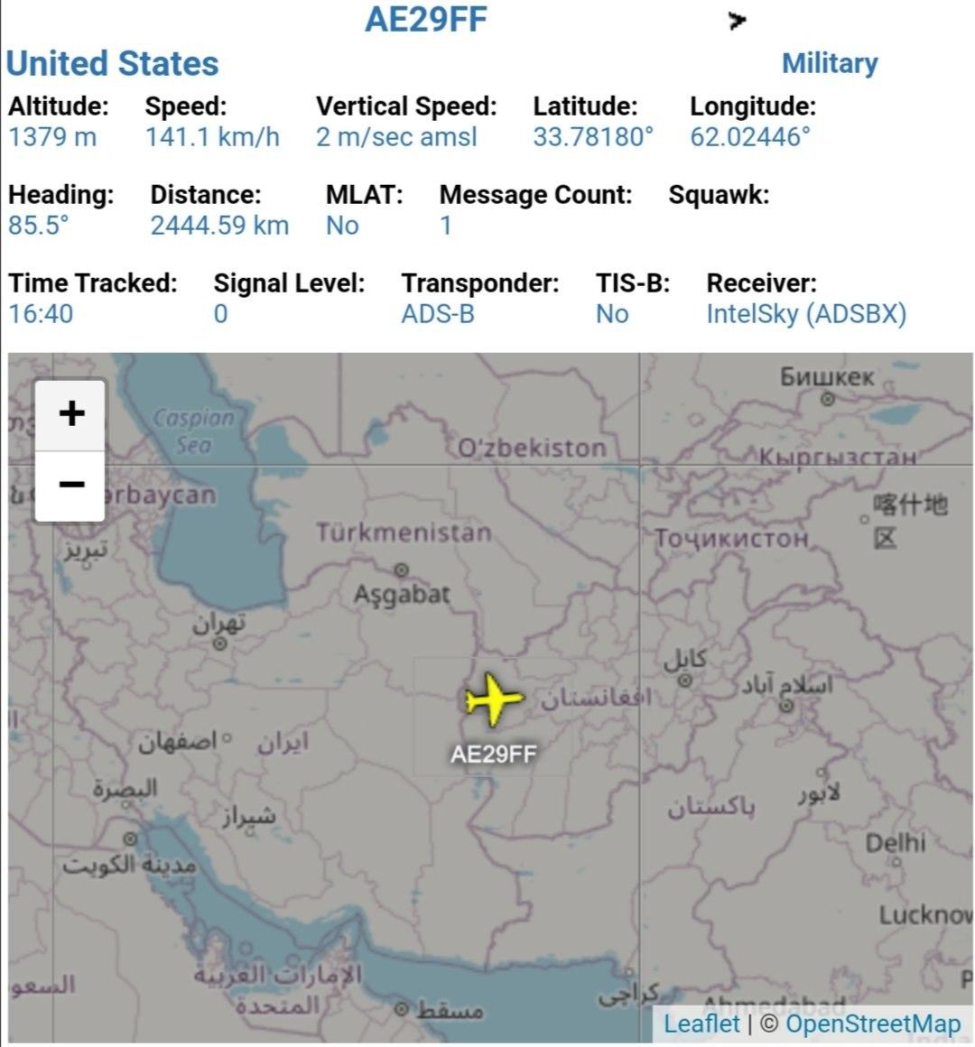 US military plane near the Iranian east border with hex code #AE29FF