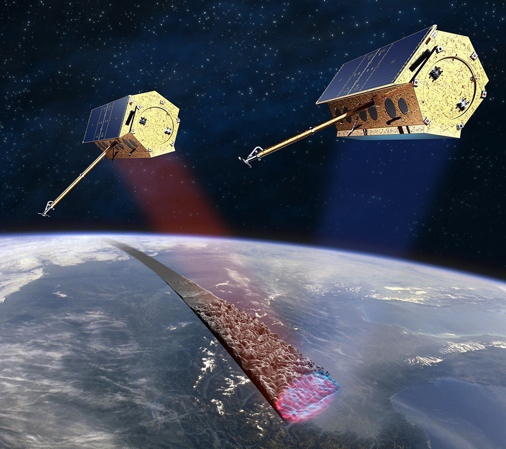 تصویری گرافیکی از نحوه ایجاد تصاویر 3بعدی با ترکیب تصاویر دو رادار سار فضاپایه